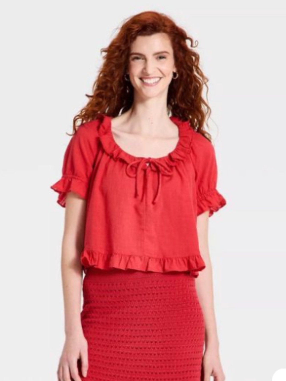 Universal Thread Ruffle Short Sleeve Scoop Neck Blouse - Red